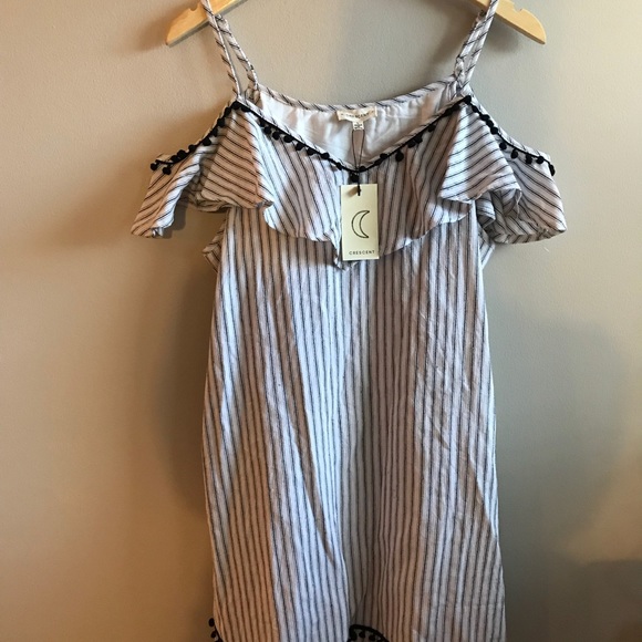 🎀NEW🎀Pinstripe and Pom-Pom Cold Shoulder Dress - Picture 4 of 8